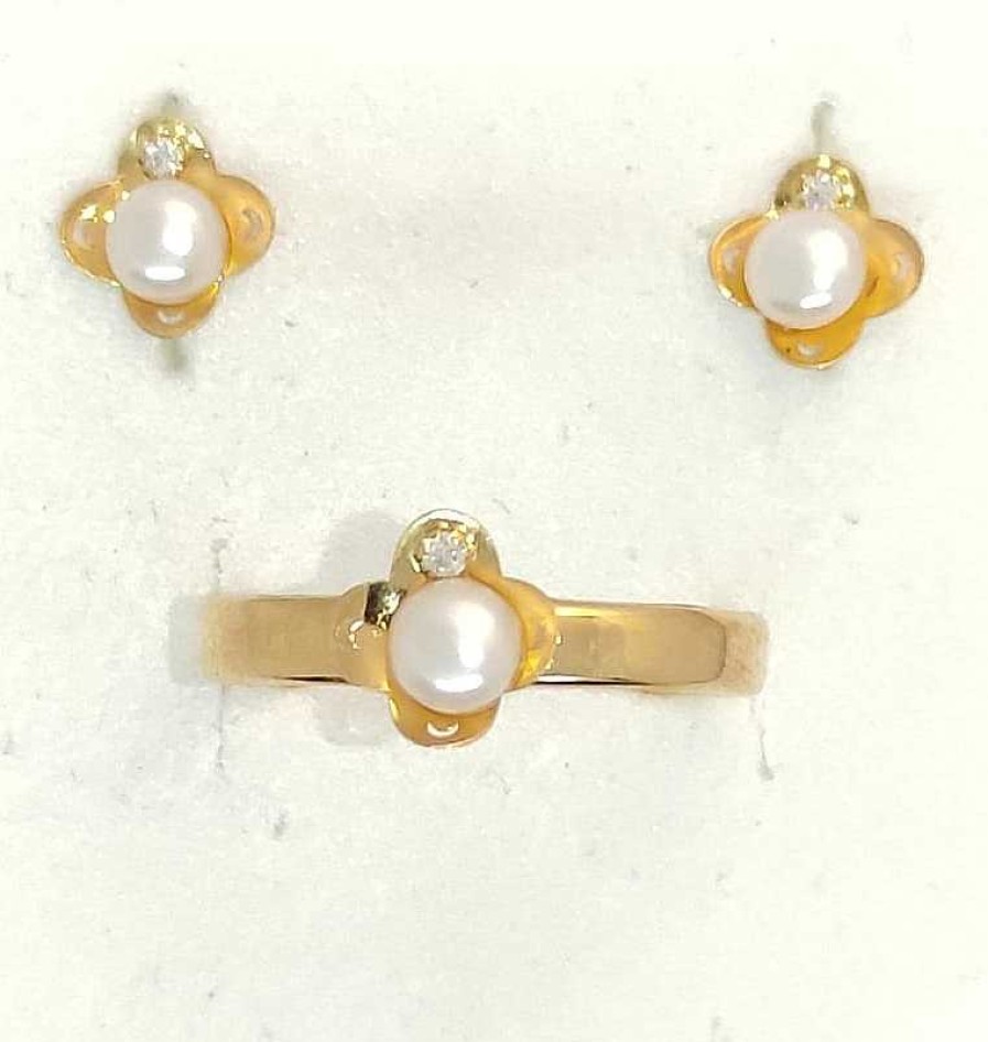 Joyas De Oro Joyeria Tamayo | Conjunto Oro 18 Kilates Flor Perla Y Circonita