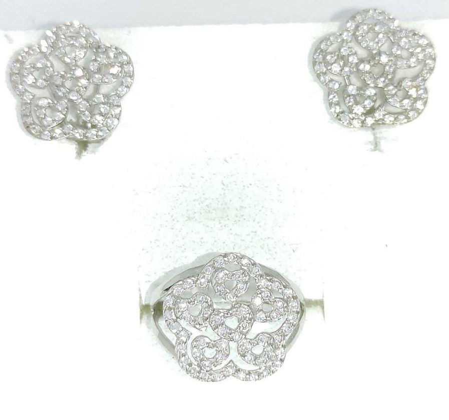 Joyas De Oro Joyeria Tamayo | Conjunto Oro 18 Kilates Blanco Flor Con Circonitas