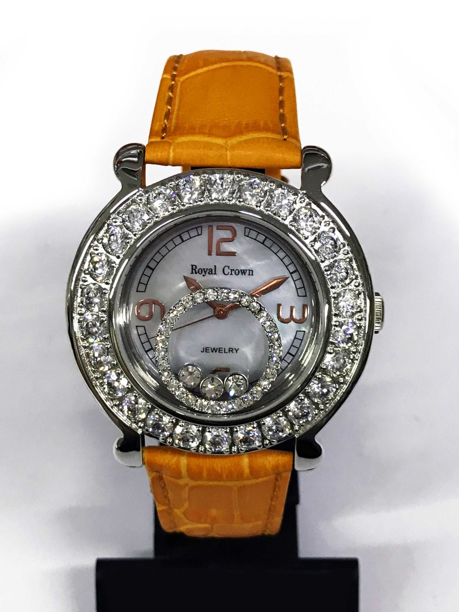 Relojes Joyeria Tamayo | Reloj Royal Crown Con Circonitas Engastadas, Esfera De Acero Y Correa De Cuero Naranja.