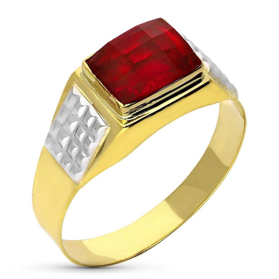 Joyas De Oro Joyeria Tamayo | Sortija De Oro 18 Kilates Bicolor Con Piedra Roja